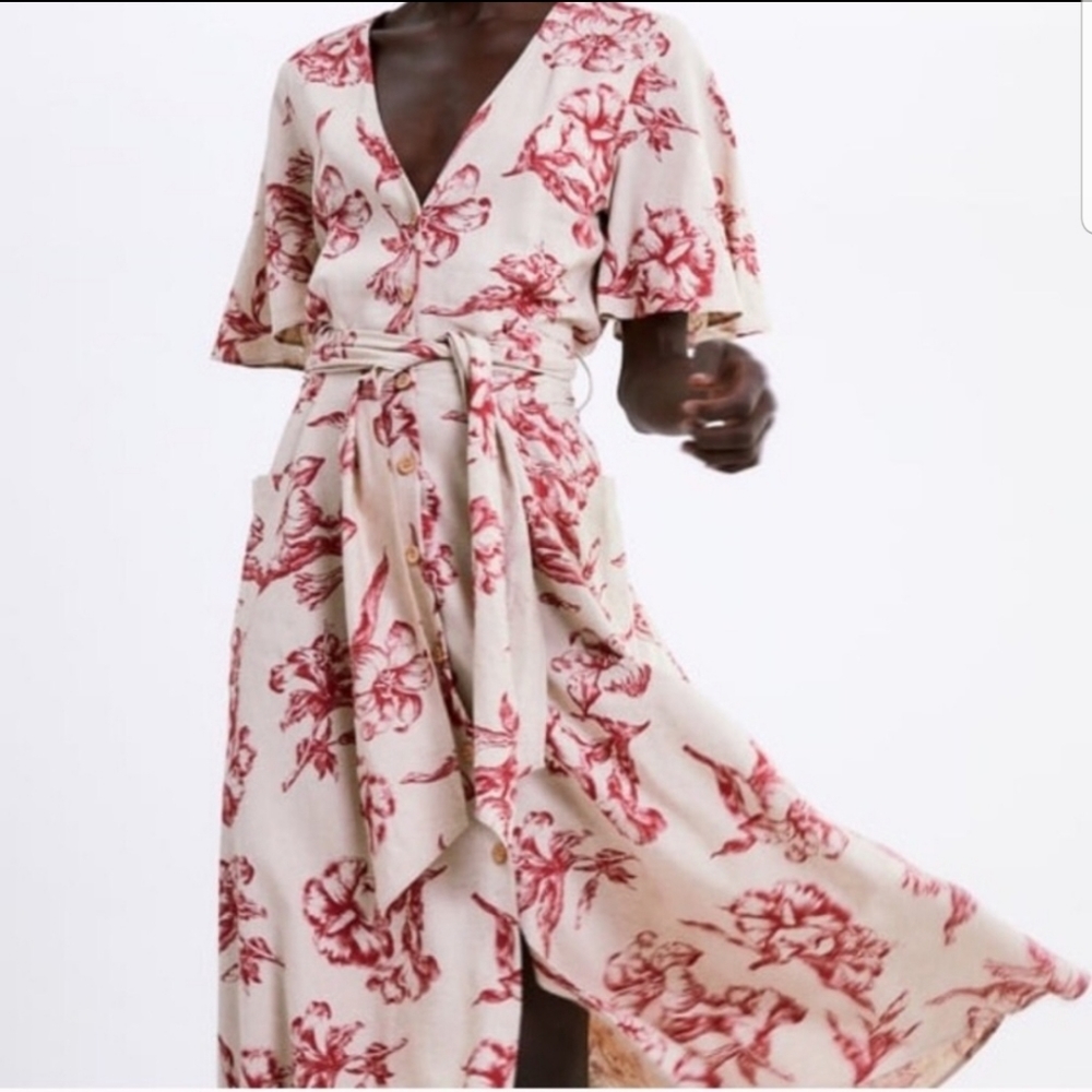 ZARA Red Floral Linen Midi Dress
